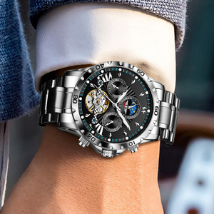 PINDU Business Sports Men's Automatic <b>Mechanical</b> <b>Watch</b> Moon Phase Tourbillon Chronograph Stainless Steel Strap - Product Image 5