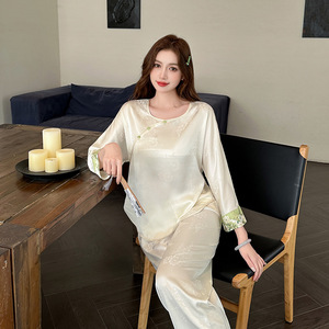 Nuovo Arrivo: Set di Lusso in Stile Cinese con Abito Jacquard, <span class=keywords><strong>Pigiama</strong></span> in Raso <span class=keywords><strong>e</strong></span> Seta Artificiale per Donna, Collezione Primavera - Product Image 1