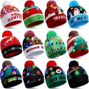 Led Christmas Beanie Hat Led Light Up Xmas Hat Knit Christmas Cap Children Adult Christmas Hat Ornament Decoration H0480