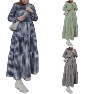 Vestido Largo de Manga Larga para Mujer, Diseño a Cuadros, Corte Holgado, Cuello Redondo, Algodón, Estilo Modesto para Uso Diario, Dobladillo Plisado, Todas las Temporadas - Product Image 1