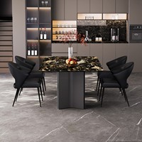 Combinaison Table et Chaises de Salle à Manger Contemporaine en Pierre Naturelle Luxe Ciel Étoilé Brillant, Marbre Rectangulaire Haut de Gamme Léger
