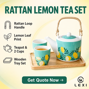 Service à <span class=keywords><strong>thé</strong></span> en porcelaine avec poignée en rotin, capacité 500 ml, théière, deux tasses, imprimé feuille de citron jaune, corps menthe, plateau de service en bois - Product Image 2
