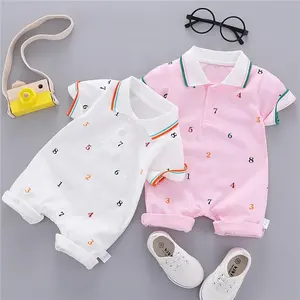 数字打印儿童精品服装夏季纯棉衣服套装短袖连身衣婴儿衣服蓝色粉红色男女通用婴儿连身衣