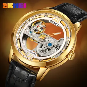 SKMEI M031 Custom logo Alloy case mechanical automatic vintage Leather strap watch man for sale