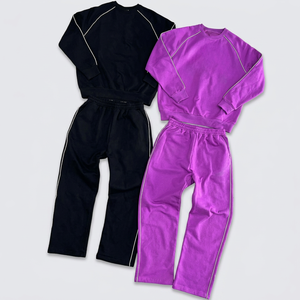 Custom 100% Cotton Crew Neck Sweater and Sweatpants Set 3m <b>Reflective</b> Stripe Sweatsuit Jogging Set Design Tracksuit Manufacturer - Product Image 1