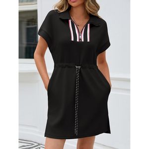Fisoew Vestido corto de manga corta para mujer con cremallera de cuarto, cuello en V, cintura elástica, vestido informal holgado tipo sudadera, uso diario de verano - Product Image 2