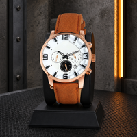Montre à quartz multifonction pour homme avec boîtier en acier inoxydable, bracelet en cuir véritable, montre-bracelet décontractée pour homme
