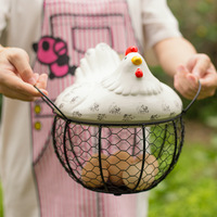 Panier à œufs et fruits en céramique bleue moderne, panier de rangement créatif en fer en forme de poule pour l'ail, les pommes de terre et divers articles, accessoires décoratifs de cuisine