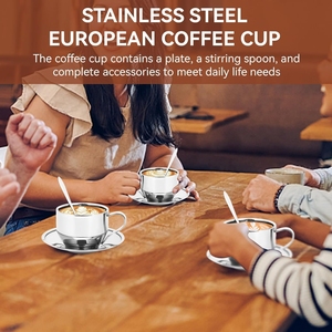 Juego de Tazas de Espresso de Acero Inoxidable de Doble Pared con Platillo y Cuchara para Café, Té y Bebidas Calientes Aisladas en Casa u Oficina - Product Image 3