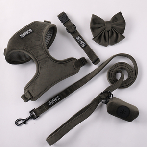 Nuevos Productos Populares: Accesorios Clásicos de Terciopelo para Mascotas, Conjunto de Arnés, Correa y Lazo para Perro con Color Personalizado y Diseño Moderno - Product Image 1