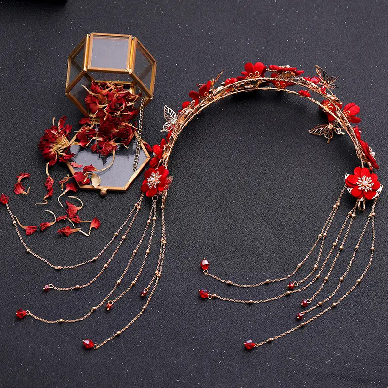 Tiaras de borla para cabelo, acessórios de cabelo chinês com faixa e brincos com design de flor para mulheres roupas de noiva casamento 3 peças