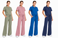 Setelan Scrub Wanita Kerah Mandarin Berbahan Stretch, Celana Flare Rajut Stretch Seragam Medis, Scrub Perawat Salon Gigi Logo Kustom