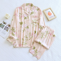 Ensemble de pyjama floral en satin de viscose pour femme, taille élastique, pantalon long, haut de gamme, ample et léger, pour la maison, printemps-automne