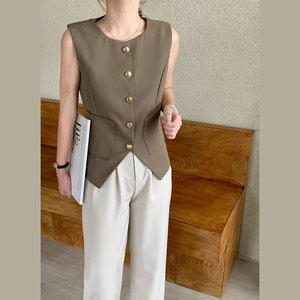 <span class=keywords><strong>Chaleco</strong></span> de Tela Elegante para <span class=keywords><strong>Mujer</strong></span>, Estilo Europeo y Americano, Verano 2026, Cuello Redondo, Sin Mangas, con Botones Dorados - Product Image 1