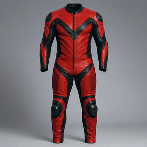 Custom Genuine Leather Men's <b>Red</b> Black Leather Motorcycle Racing Suit Full Sleeve Breathable Color Blocked CE Ready Riding Gear - Product Image 1