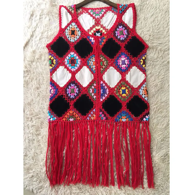 Boho Crochet Pattern Womens Crochet Bãi Biển Coverup Vest Tops Boho Lễ Hội Fringe Crochet Tank Top