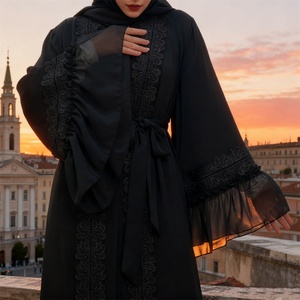 1963# New Smooth Nida Material Super Black Modest Breathable <b>MAXI</b> Chiffon Pleated Big Cuff Women Eid Abaya - Product Image 3
