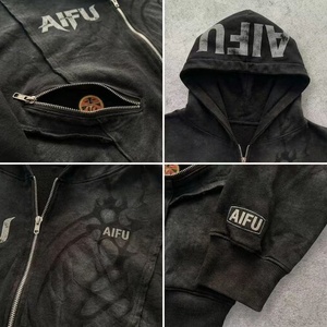 Felpa con cappuccio con zip Opium Y2K Grunge Heavyweight Acid Wash da uomo, stile <span class=keywords><strong>Dark</strong></span> Gothic Streetwear, vestibilità ampia, effetto vintage slavato e distressed - Product Image 2