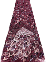Tissu en dentelle à mailles NI.AI Olive Purple Luxury Beads Peacock Feather pour robe de mariée, occasion formelle, robe de soirée pour femmes