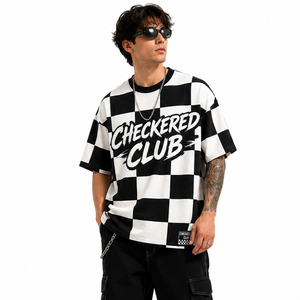 OEM Graffiti Letter Checkerboard Racing Tee Oversized Loose Fit Checkered Club Print Mens Racing Fan Short Sleeve <b>Tshirt</b> Wholesa - Product Image 2