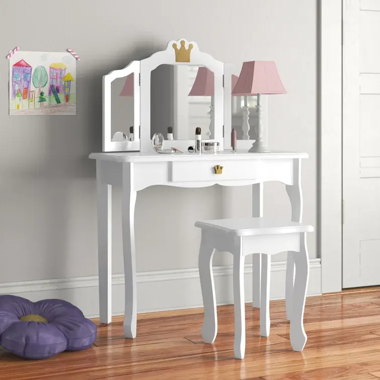Sıcak Vintage çekmece dışkı Set pembe çocuk oyuncak soyunma makyaj beyaz Dresser küçük oda kızlar Vanity masa ile ayna ve sandalye