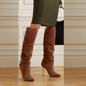 Big Size EU 46 Suede Women Pointy Toe <b>Knee</b> <b>High</b> Boots Stiletto Metal Lock Decor Long Booties <b>High</b> Metal Thin Heels Shoes - Product Image 6