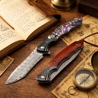 Couteau pliant portable avec manche coloré en acier Damas de qualité industrielle, personnalisable OEM, ouverture à roulement, pour la survie