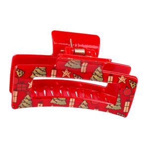 Pinza para el Cabello Navideña de 8.5cm, Cuadrada, Verde, con Diseño Impreso, de Plástico Hueco, con Decoración Roja Festiva - Product Image 4