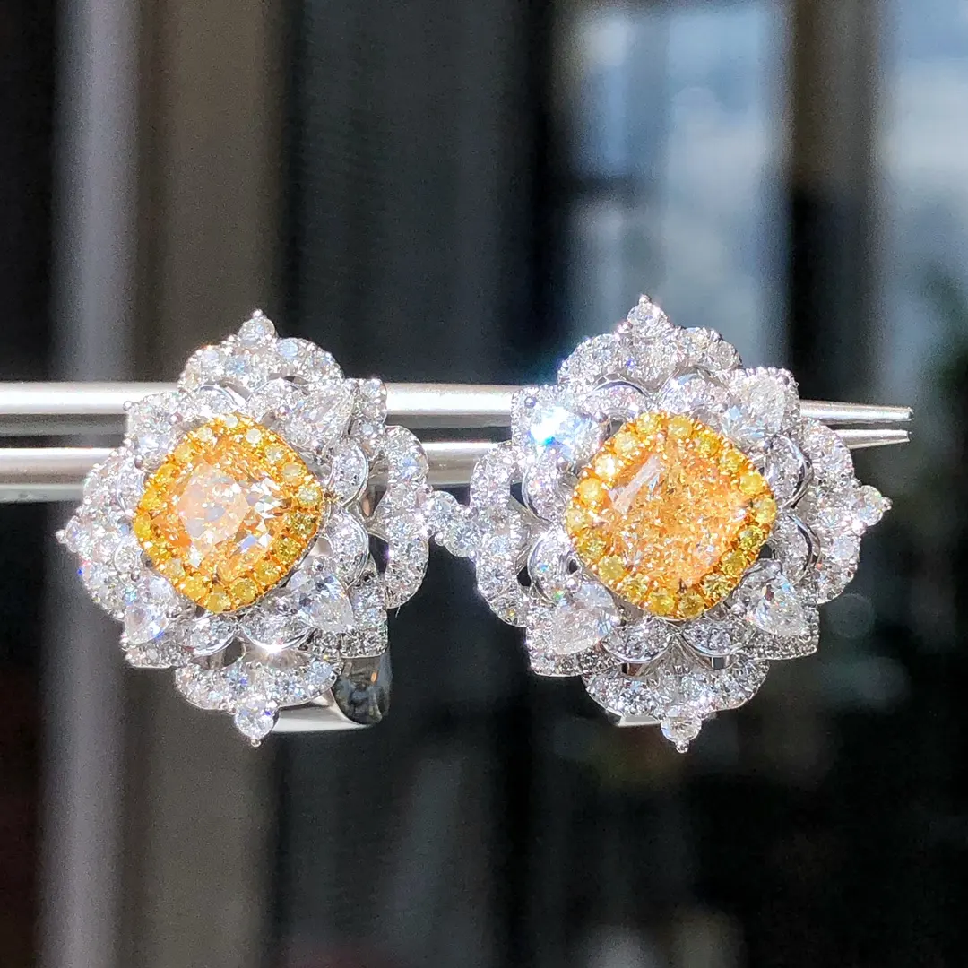 Luxury Shine Girl High End Fine Jewelry Elegant Gorgeous 18K White Gold 2.12ct+1.681ct Yellow Diamond Earrings