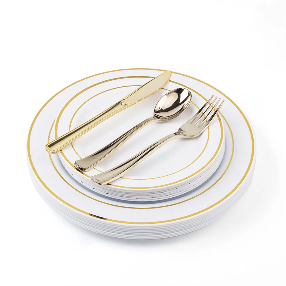 رخيصة لوازم الطاولة/المائدة قابل للتصرف الذهب أدوات مائدة بلاستيكية أواني الطعام مجموعة 25 قطعة 7.5 "25 قطعة 10.25" 25 قطعة سكين 25 ملعقة 25 شوكة 25 كوب