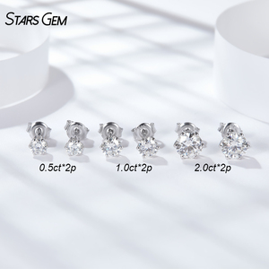 ต่างหูเพชรเม็ดเดี่ยว Starsgem 1 กะรัตต่อคู่ ทรงกลมเจียระไนแบบเหลี่ยมเพชรพลอย หกขา ประดับเพชร DEF ที่เพาะเลี้ยงในห้องปฏิบัติการ หรือ มอยส์ซาไนต์ เงินแท้ 925 - Product Image 3