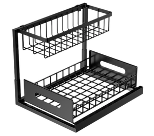 Étagère de rangement coulissante à 2 niveaux en acier au carbone noir, étanche et réglable, pour sous l'évier, pour cuisine et salle de bain - Product Image 1