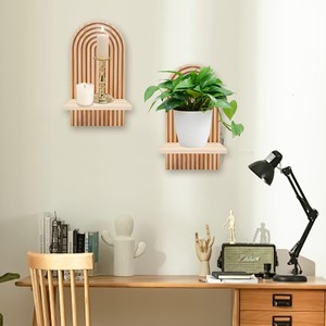 Wooden <b>Wall</b> <b>Mounted</b> <b>Shelf</b> Geometric Design Natural Color Single Layer For Living Room Display Storage - Product Image 4