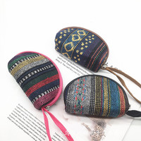Dompet Koin Vintage Bergaya Etnik dengan Bukaan Terbuka, Dompet Mini Kanvas Wanita