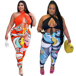 AQ19318 2022 Bán Hot Cộng Với Kích Thước Hai Mảnh Set Phụ Nữ Quần Áo L-4XL In Ve Áo Dây Đeo Crop Top Jogger Quần Sexy Quần Áo - Product Image 1