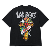 T-shirt noir ventilé avec logo personnalisé en strass, style streetwear gothique ODM OEM, $SAD BOYZ Junior H T-shirt en strass