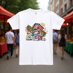 Camiseta Dragon Store blanca con diseño gráfico, camiseta promocional unisex - Product Image 3