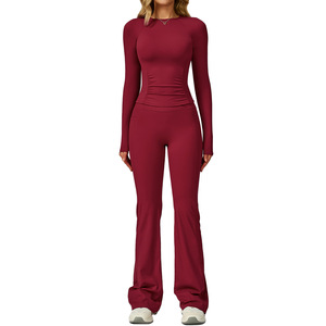 Conjunto Deportivo Disko para Yoga, Manga Larga, Cintura Alta, Pantalón Acampanado, Dos Piezas, Color Sólido, Ropa Deportiva para Mujer, TZ2030 - Product Image 5