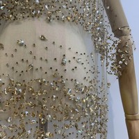 Tissu en tulle rayé de luxe avec perles et strass lourds pour robe de mariée et costume de scène