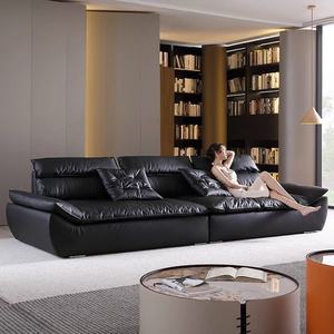 أريكة مقطعية سوداء عتيقة حديثة من الجلد الطبيعي ذات مقعد عريض للغاية من الطبقة الأولى من جلد البقر غرفة المعيشة العميقة طراز نورمكور - Product Image 2