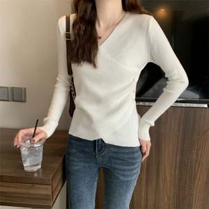 Fashion <b>Top</b> for Women Slim Thin <b>Cross</b> V-Neck <b>Tops</b> Gentle Wind Bottoming New Irregular Knit Acrylic Embroidery Sweater - Product Image 2