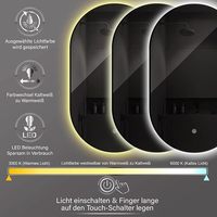 Miroir de salle de bain LED ovale 45 x 75 cm, miroir mural avec cadre en métal noir mat, éclairage R avec interrupteur tactile, miroir lumineux