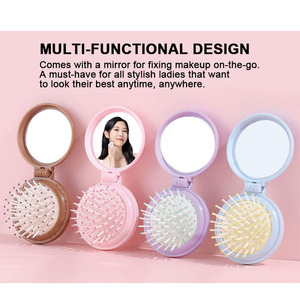 Cepillo Desenredante Plegable Mini Compacto y Lindo, Redondo, Portátil, de Viaje, con Espejo de Maquillaje - Product Image 3