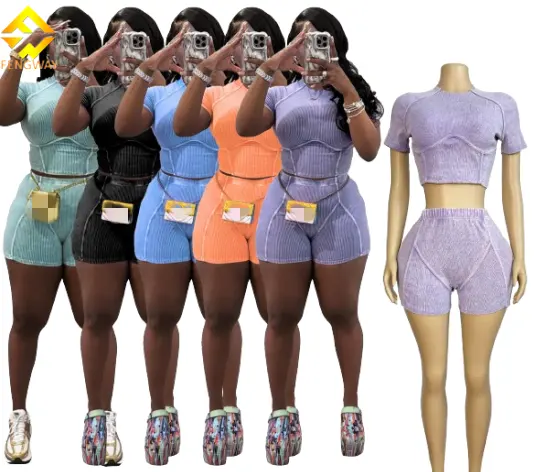 Conjunto de duas peças elástico com nervuras lavado com ácido, conjunto de roupas femininas de verão 2024, blusa de manga curta e shorts justos para mulheres, conjunto de roupas de verão de 2024