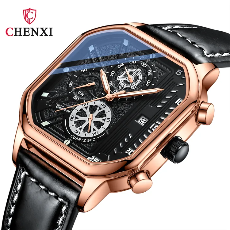 Unique Fashion Rose Gold Watch for Men Leather Band Chronograph Top Brand Luxury Men Quartz Business Casual Wristwatches 904