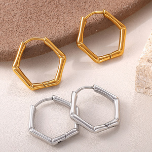 Pendientes de Aro Hexagonales de Acero Inoxidable, Chapados en Oro de 18K, Plateados, para Uso Diario, Diseño Irregular Moderno, EH1198 - Product Image 2