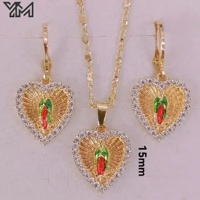 Ensemble de bijoux YM style vintage plaqué or 18 carats, collier et boucles d'oreilles en émail vert et zircon, amulette religieuse pour femmes