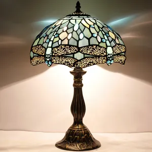 Luminária de mesa para mesa de cabeceira com iluminação de vidro colorido 12X18 polegadas estilo libélula azul mar luz de atacado de fábrica
