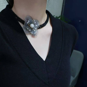 Handmade Mesh Lace Flower Pearl <b>Choker</b>, Italian Lace Craft, Imported 14K Gold Filled, Natural Freshwater Pearl & Black Spinel - Product Image 4