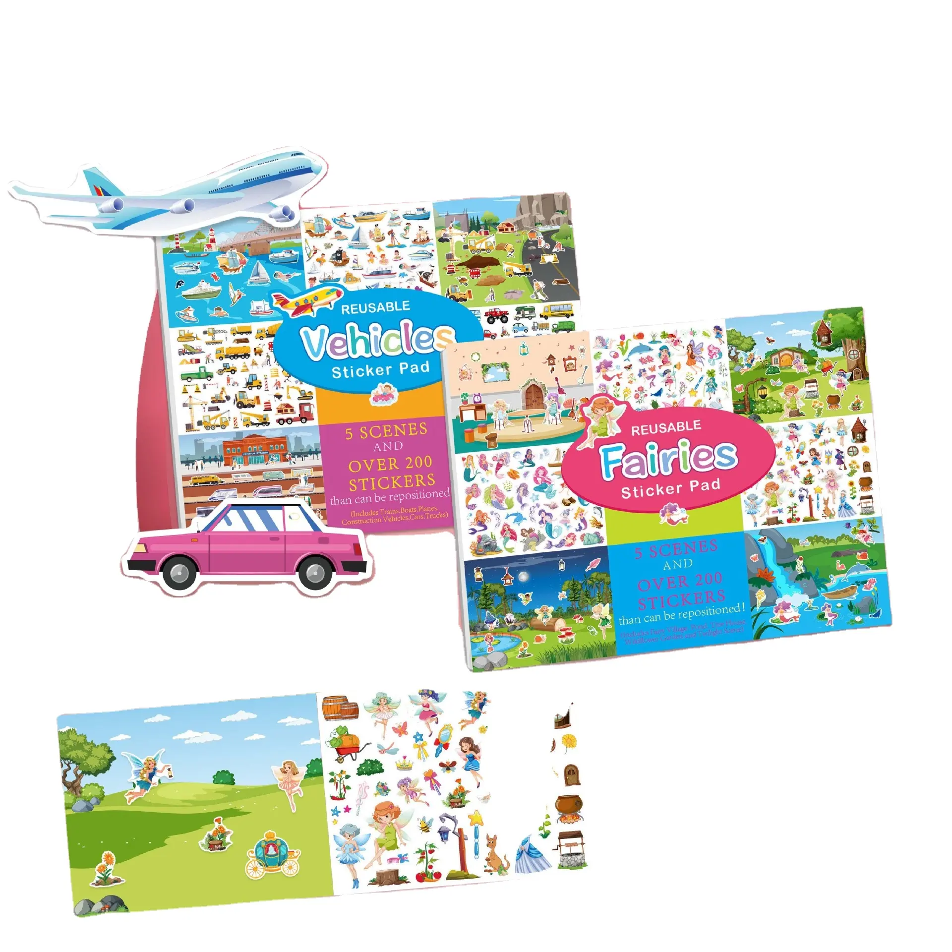 Kids Reusable Sticker Pad set 5 cenas 200 Animais Atividades Reutilizáveis Adesivos Livro tamanho grande Adesivo Removível pad Para Crianças
